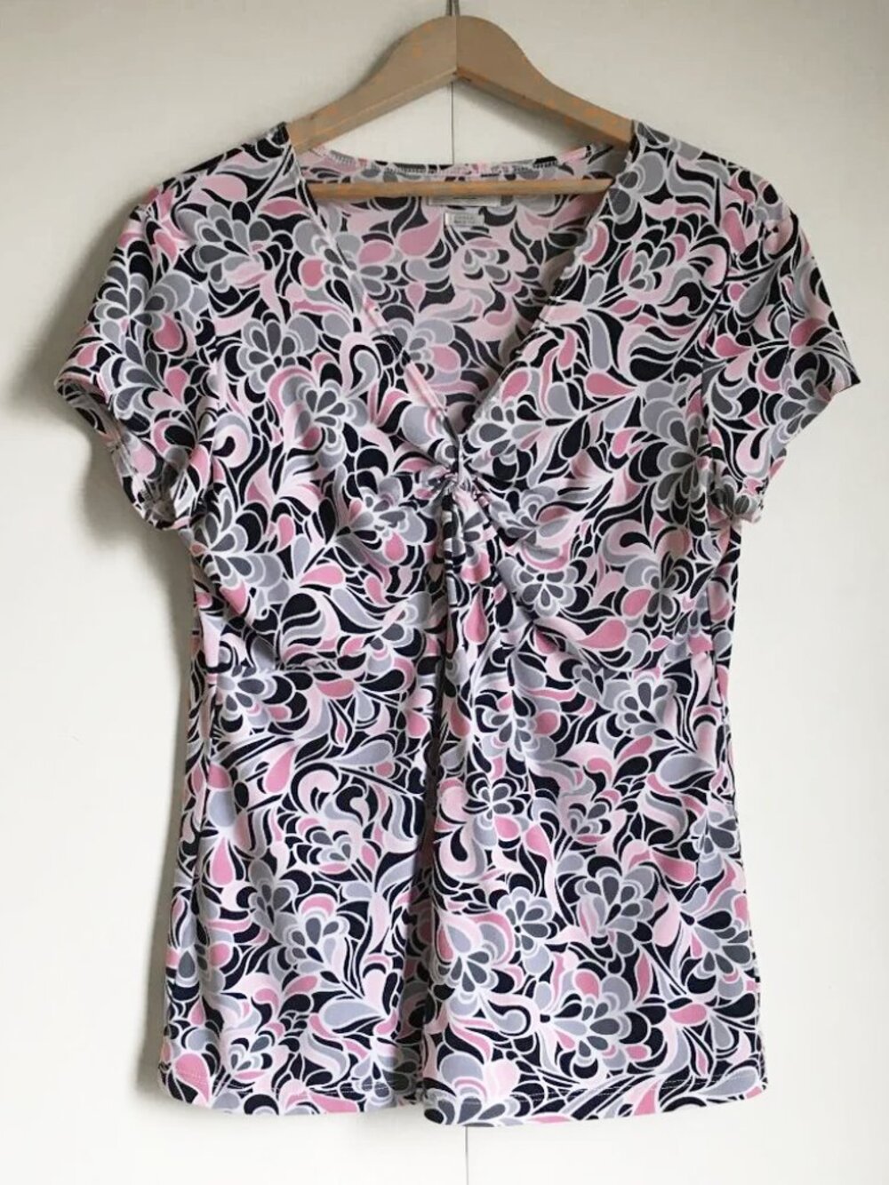 Van Heusen Babydoll Pink Grey B&W Psychedelic Print Ruched Tee L Y2K Babydoll